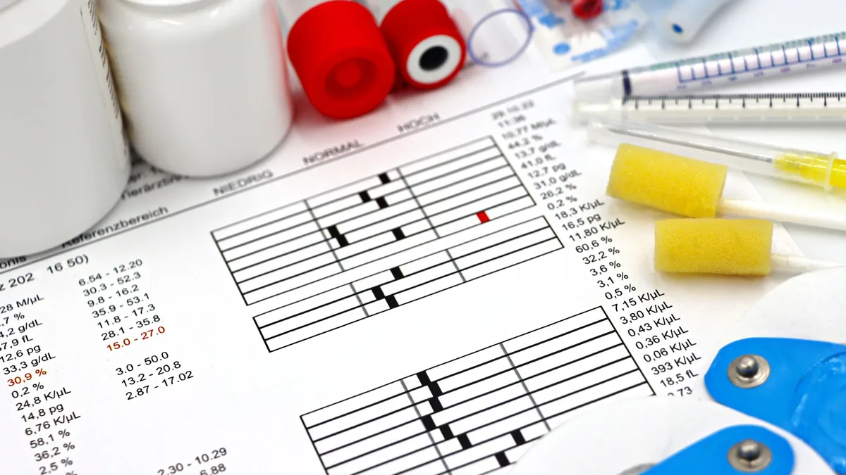 Arrangement of medical equipment, lab tests, and health data on a clinical table. — Illustration for a report on retatrutide cardiovascular risk biomarkers published in Diabetes, Obesity & Metabolism