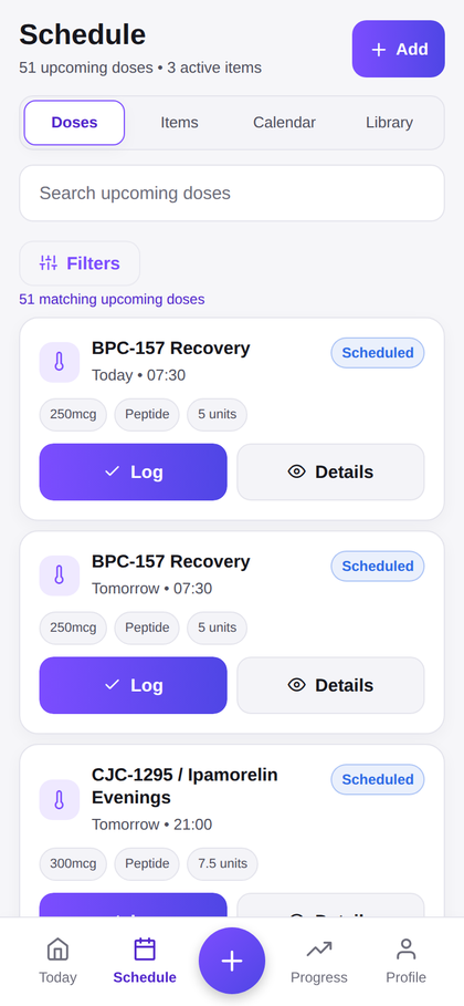 PeptideWiz Schedule screen with upcoming doses