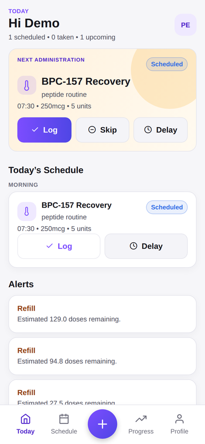 PeptideWiz Today screen showing the next dose and today's schedule